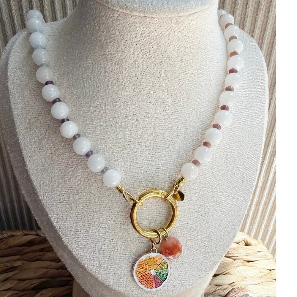 19" Beaded Necklace, White Jade, Ombre Gemstones, Charms, Amethyst, Moonstone